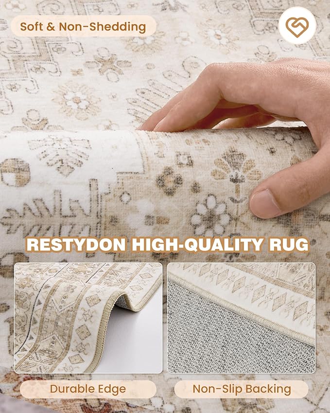 Washable Rugs 8x10 Area Rugs for Living Room, Non-Slip Backing Large Rug for Nursery Room, Vintage Floral Bedroom Rugs, Thin Indoor Home Decor Soft Farmhouse Rug (Cream/Beige,8'x10')