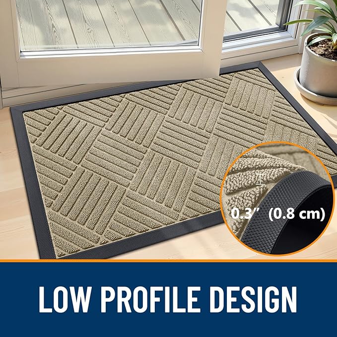 OLANLY Front Door Mat Outside Entrance 33x21, Absorbent, Heavy Duty Sturdy Natural Rubber Doormat Indoor Outdoor, Stain and Fade Resistant, Non-Slip Low Profile Floor Mat for Entryway, Beige Diamond