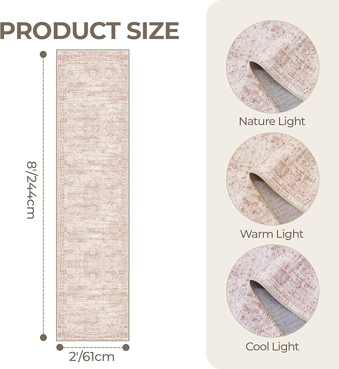 Rug Runners for Hallways Non Slip - 2x8 Runner Rug for Bedroom, Washable Runner with Rubber Backing, Soft Low-Pile Carpet for Kitchen, Laundry, Bathroom (2'x8', Pink/Ivory)