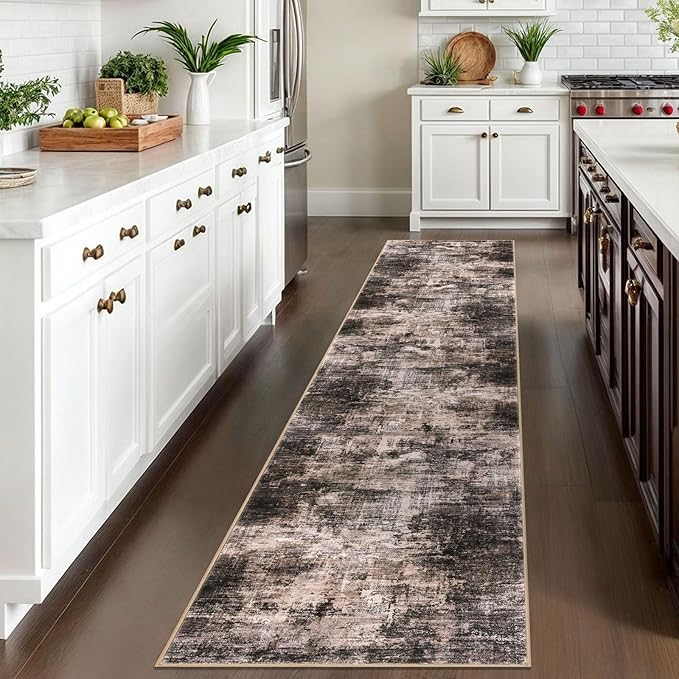 IOHOUZE Abstract Runner Rug 2x10 Ft Washable Runners for Hallways, Non Slip Kitchen Runner Printed Faux Wool Entryway Runner Indoor, Modern Abstract Floor Carpet for Hall Kitchen, Brown/Rust