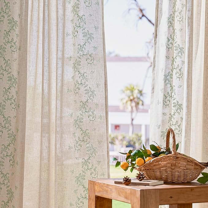 jinchan Evelyn Embroidered Linen Curtains 63 inch Floral Curtains for Living Room Bedroom Farmhouse Cottagecore Semi Sheer Light Filtering Window Drapes Rod Pocket 2 Panels W50 x L63 Sage Green