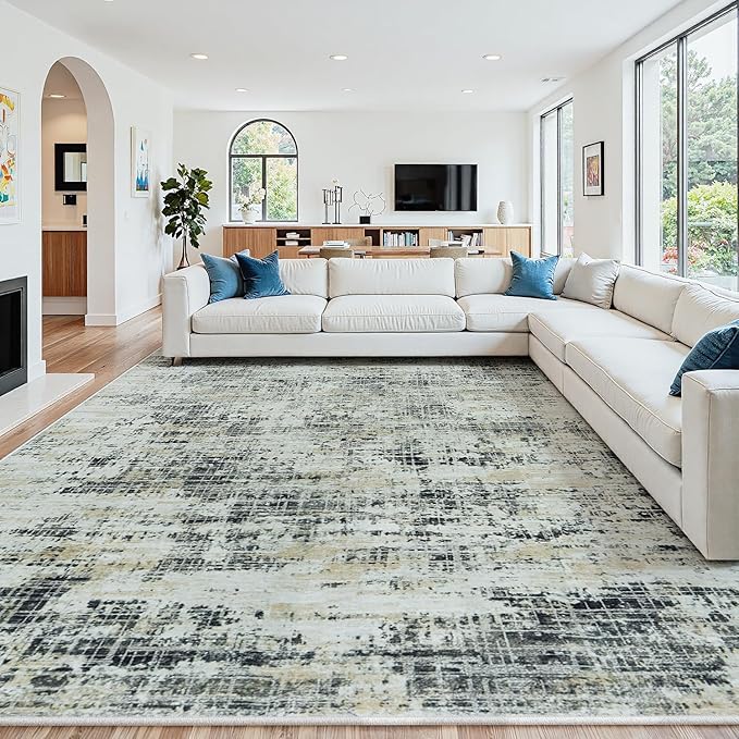 10x12 Area Rugs for Living Room Washable Rug: Anti-Skid Abstract Modern Living Room Rug Soft Thin Carpets Indoor Floor Non-Shedding Carpet for Bedroom Dining Farmhouse Nursery Black Gray Gold