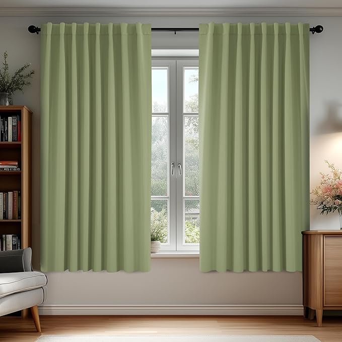 Deconovo Blackout Curtains, Thermal Insulated, W70 x L63 2 Panels, Back Tab, Machine Washable, Room-Darkening Drapes for Bedroom/Living Room Sage Green