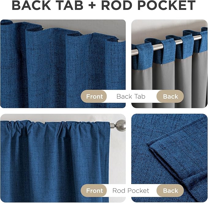 Joydeco Linen Blackout Curtains for Bedroom - 100% Light Blocking 1 Panels, Navy Blue Drapes 70" W x 90" L, Thermal Insulated Room Darkening Curtains for Living Room, Rod Pocket & Back Tabs