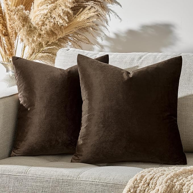 GIGIZAZA Brown Velvet Pillow Covers 24x24,Square Solid Throw Pillow Covers Decorative Modern Pillows Big Vintage Cases for Couch Pack of 2