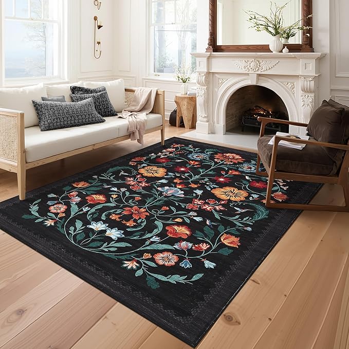 GarveeHome Washable Rug 5x7 Area Rugs for Living Room, Floral Rug for Bedroom, Soft Boho Non Slip Throw Rugs with Rubber Back, Low Pile Stain Resistant Vintage Floral Carpet for Dining Room, Black