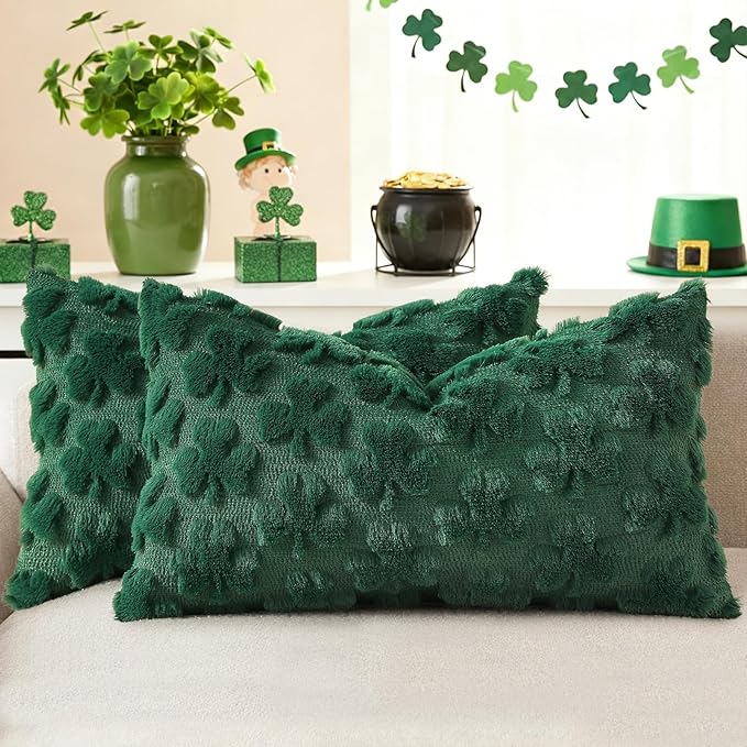 decorUhome St. Patrick’s Day Shamrock Green Pillow Covers 12x20 Inch Set of 2, Soft Plush Faux Wool Throw Pillow Covers, Farmhouse Spring Holiday Decor for Sofa Living Room
