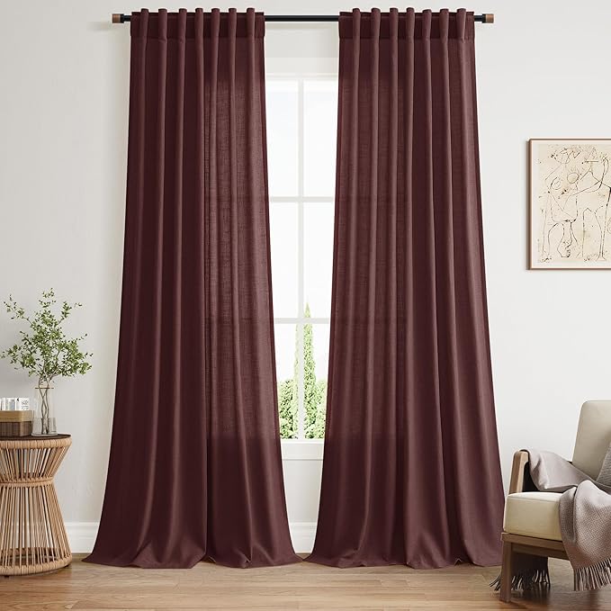 Nanspring Reddish Brown Linen Blend Light Filtering Back Tab Curtains 108 Inches Long, Semi Sheer Privacy Drapes for Living Room & Bedroom, 52x108 inch, 2 Panels