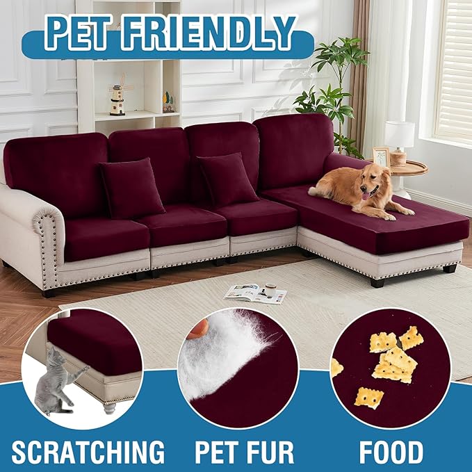 Couch Cover 8-Piece Elastic Velvet Couch Cushion Covers & Chaise Slipcovers for L-Shaped Sofas, Sofa Seat Covers Washable, Soft Cover for Couches (7 Seater + Chaise, Wine)