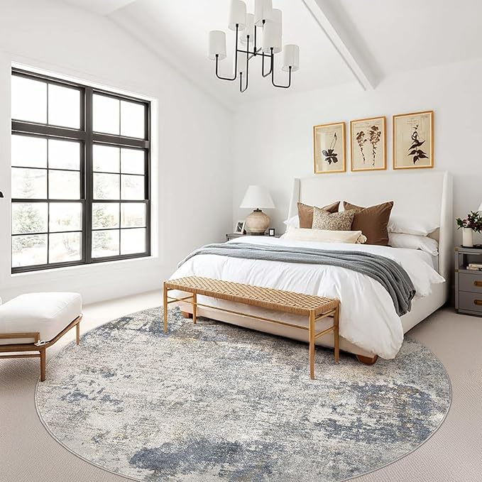 10ft Round Area Rug Living Room Rugs - 10x10 Washable Large Neutral Modern Abstract Soft Thin Rug Indoor Floor No Slip Rug Carpet for Bedroom Under Dining Table Home Office Decor - Blue Grey