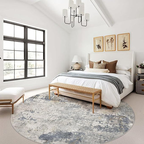 10ft Round Area Rug Living Room Rugs - 10x10 Washable Large Neutral Modern Abstract Soft Thin Rug Indoor Floor No Slip Rug Carpet for Bedroom Under Dining Table Home Office Decor - Blue Grey