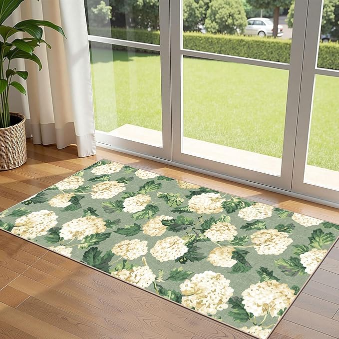 Front Door Mat Indoor Entrance - 2x4.3 Ft Spring Washable Layered Doormat Outdoor Entrance Porch Rug Non-Slip Sage Green Beige Floral Runner Rug for Kitchen Bedroom Laundry Room Porch Decor