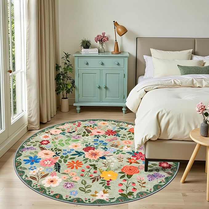 Round Area Rug for Living Room: 6 ft Floral Washable Circle Rug Soft Boho Non-Slip Carpet Indoor Stain Resistant Low Pile Small Circular Rug for Bedroom Entryway Kitchen Nursery Home Office Green