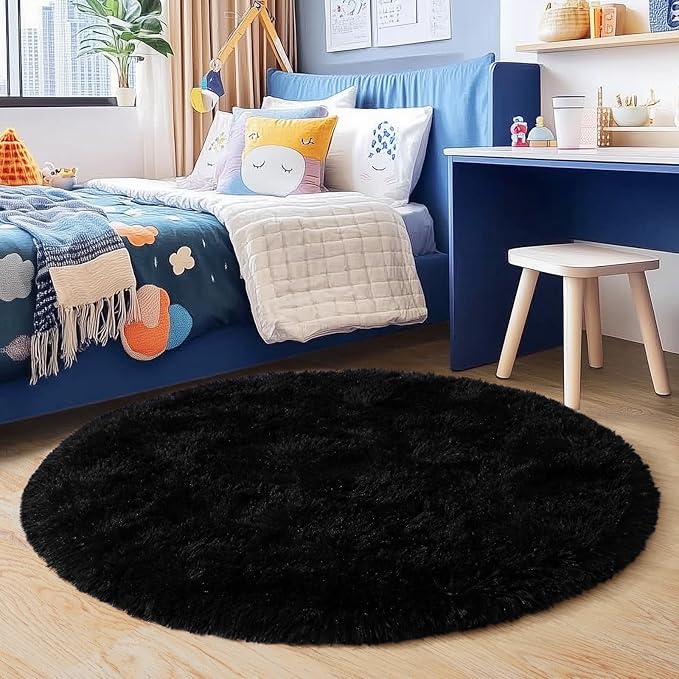 6‘x6’ Black Round Rug for Bedroom, Ultra Soft Fluffy Circle Rug for Kids Girls Boys Room, Cute Shag Rugs for Living Room Playroom Teen Room Home Decor Rug