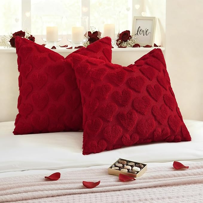 decorUhome Valentine’s Day Soft Plush Throw Pillow Covers 16x16 Inch Set of 2, Faux Fur Red Heart Decoration Neutral Square Pillow Covers for Couch Sofa Bed Cozy Farmhouse Holiday Decor