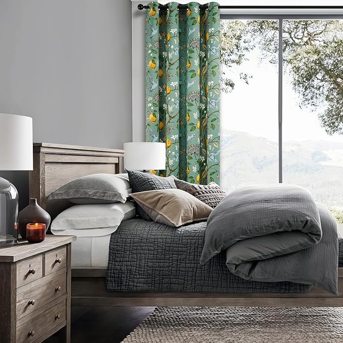 Topfinel 92 Inches Long Custom Sage Green Luxury Curtains for Living Room Bedroom, Blackout Vintage Victorian Curtains Floral Lemon Hummingbird Printed Grommet Drape 92 Inch Length