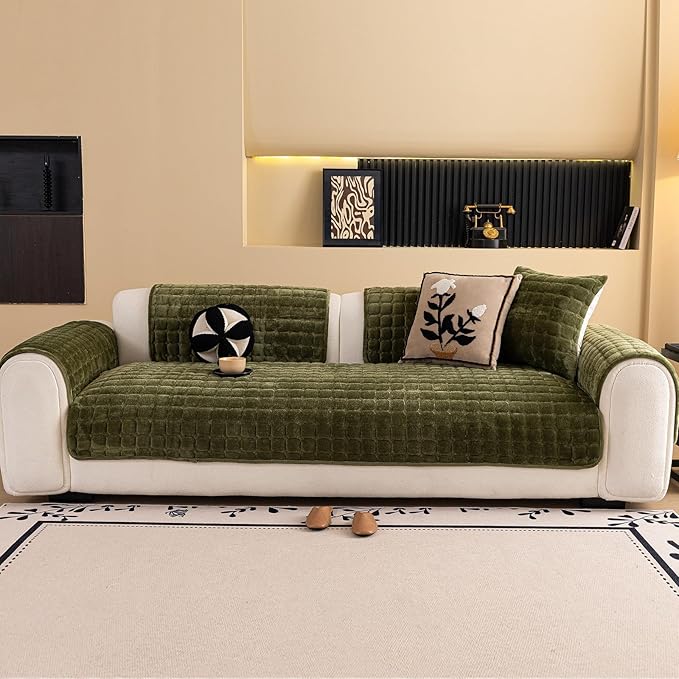 Velvet Couch Cover, Washable Sectional Sofa Cover, Anti Slip Sofa Slipcover for 3 Cushion Couch Sofa L Shaped Armrest Backrest, Furniture Protector Covers for Pets Kids(1PC,Green,36"×36")