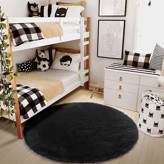 Black Round Rugs 5Ft for Bedroom Aesthetic, Fluffy Plush Circle Area Rugs for Living Room, Fuzzy Modern Cool Throw Carpet for Baby Kids Teen Boys Mens, Office Playroom Nursery Apartment Home Decor