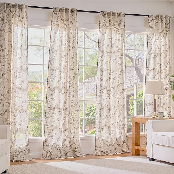 Lazzzy Taupe Floral Linen Curtains 96 Inch Farmhouse Back Tab Drapes for Living Room Bedroom Light Filtering Vintage Grandmillennial Rod Pocket Curtains, 2 Panels, W38 x L96, Taupe on Beige