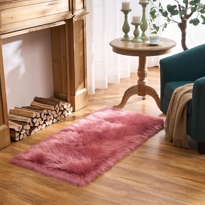 EasyJoy Ultra Soft Fluffy Shaggy Area Rug Faux Fur Rug Chair Cover Seat Pad Fuzzy Area Rug for Bedroom Floor Sofa Living Room (2 x 4 ft Rectangle, BlushPink)