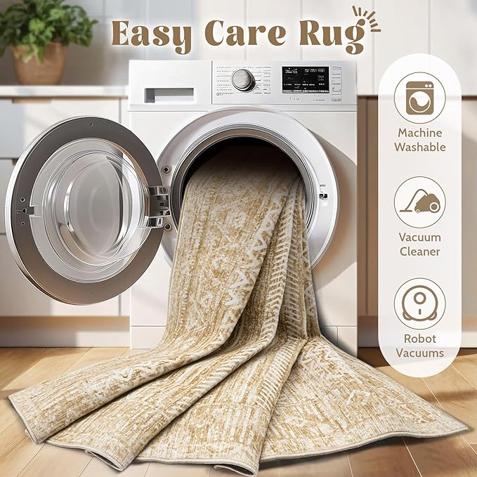 6x9 Area Rugs for Living Room: Washable Moroccan Geometric Boho Rug Farmhouse Non Slip Stain Resistant Large Rug Low Pile Soft Carpet for Bedroom Dining Room Home Office Kids Room (Light Brown,6'x9')