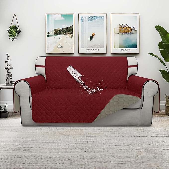 ISSUNTEX Double Protection 100% Waterproof Loveseat Sofa Covers for Living Room, Couch Covers for 2 Cushion Couch, Reversible Furniture Protector Sofa Cover for Dogs (Loveseat, Christmas Red/Beige)