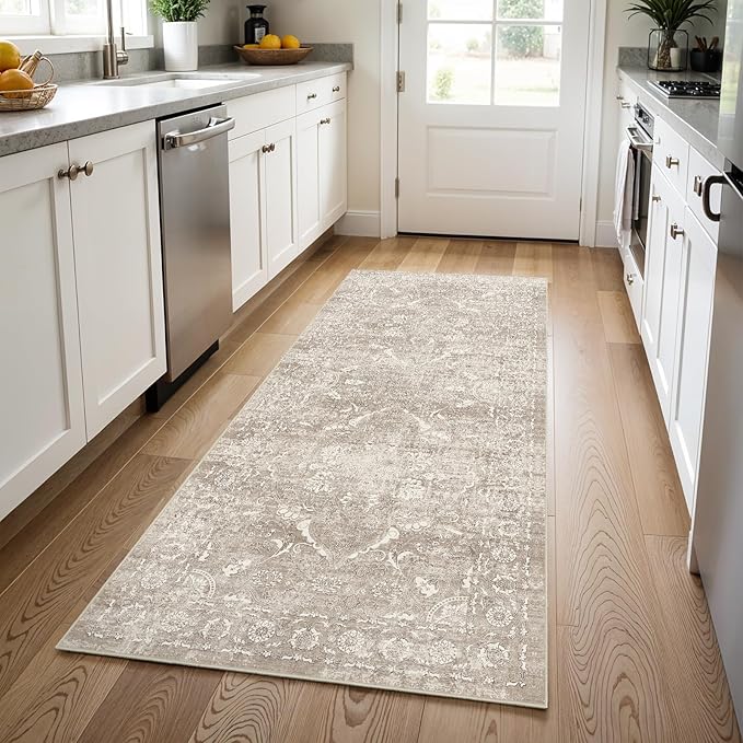 Washable 3x8 Runner Rug - Non-Slip Vintage Runner Rug for Entryway Low-Pile Medallion Long Rugs for Hallway Waterproof Traditional Runner Rug Indoor Thin Rug for Kitchen (Distressed Beige & Ivory)