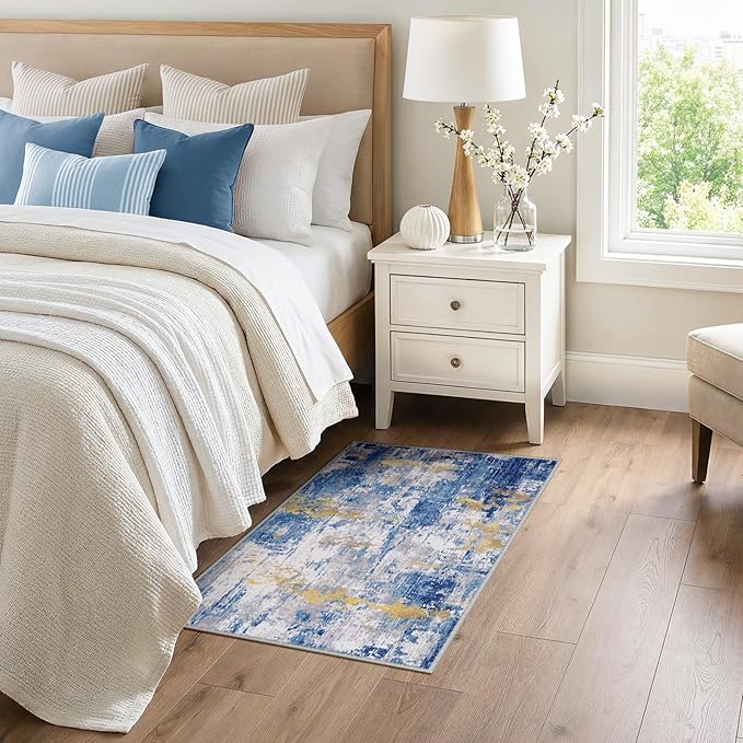 Washable Area Rugs 3x4 Non-Slip Modern Abstract Soft for Living Room Entryway Bedroom Nursery, Print Pattern, Grey Blue Gold/Golden