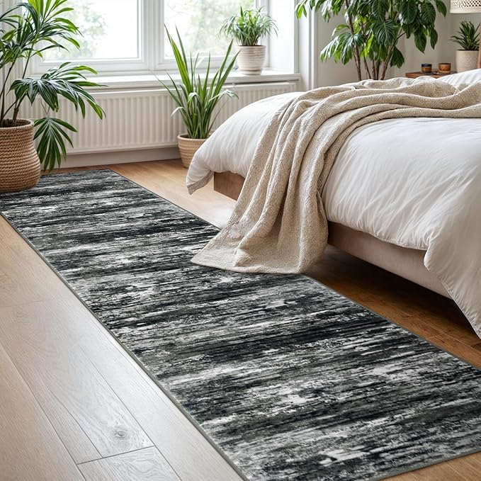 KOZYFLY Modern Abstract Hallway Runner Rug, 2x8 Kitchen Rugs Non-Slip Washable Soft Striped Runner Rugs, Print Black Grey Carpet Runner for Entryway Bathroom Laundry Room Foyer