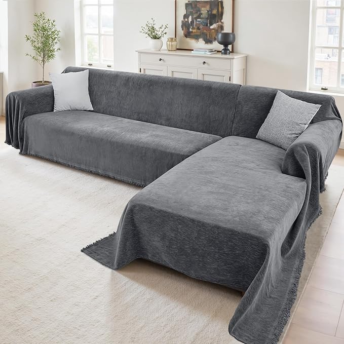 Sectional Couch Covers, 2 Pieces Washable L Shaped Couch Covers Sofa Blanket for Dogs Pet Friendly Sectional Sofa Slipcovers Furniture Covers,71"x118"+91"x134",(XXX-Large,Dark Gray)
