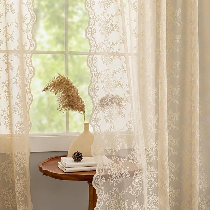 YJ YANJUN Vintage Lace Curtains 54 Inch Length-Victorian Floral Patterns and Scalloped Edges Cottage Core Rustic Style Short Sheer Curtain Panels for Kitchen Small Windows W52 X L54 Beige