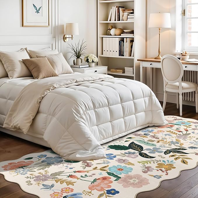 Washable 4x8 Wide Runner Rug: Hallway Entryway Non Slip Scalloped Floral Rug Farmhouse Soft Stain Resistant Carpet for Kitchen Bathroom Bedroom Low Pile Pet Friendly Floor Mat (4x8,Cream)