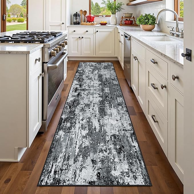 Washable Area Rugs 2'x10' Non-Slip Modern Abstract Soft for Living Room Entryway Bedroom Nursery, Print Pattern, Black Navy Blue Gray