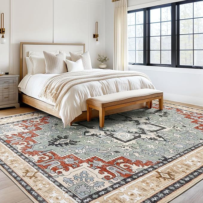 8x10 Area Rugs, Large Area Rug for Living Room, Floral Washable Area Rug for Bedroom, Office, Dining Room, Non-Slip Vintage Boho Rug, Low-Pile Soft Carpet, Traditional Oriental Style, Beige Orange
