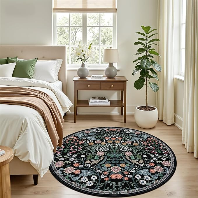 Round Area Rug for Living Room: 4 ft Floral Washable Circle Rug Soft Boho Non-Slip Carpet Indoor Stain Resistant Low Pile Small Circular Rug for Bedroom Entryway Kitchen Nursery Home Office Dark Black