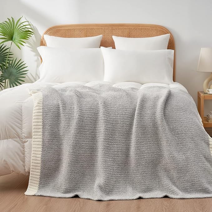 Snuggle Sac Buttery Grey Throw Blanket for Couch, Reversible Super Soft Warm Blankets Cozy Knit Fuzzy Plush Lightweight Throws for Sofa, Bed, Heather Grey, 50"x 60"