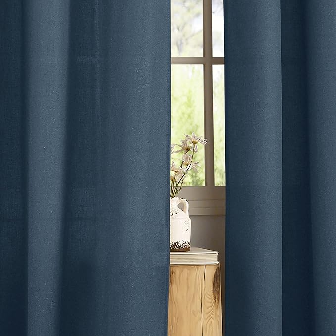 NICETOWN Navy Blue Linen Curtains for Kitchen, Thick Flax Small Window Treatments Semi Sheer Privacy Assured with Light Through for Cafe/Bathroom, W55 x L84, 2 Panels