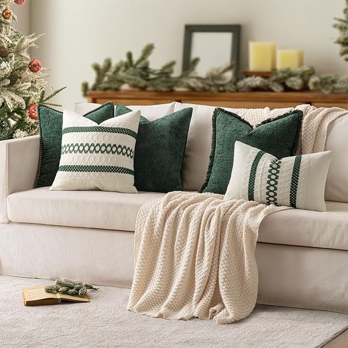 MIULEE Pack of 2 Christmas Pillow Covers 18x18 Inch Dark Green Farmhouse Decorative Throw Pillow Covers with Stitched Edge Soft Chenille Solid Dyed Couch Pillow Covers for Sofa Bed Living Room