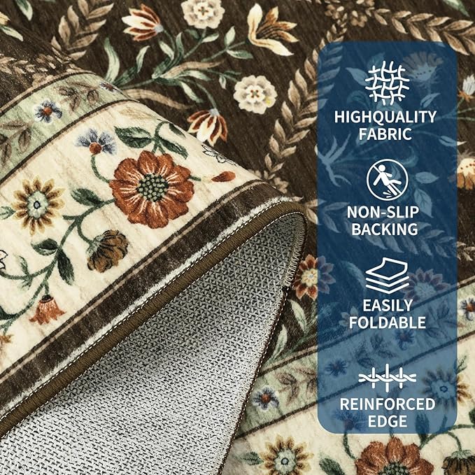 GarveeHome Grey Floral Rug 4x6 Rug Machine Washable Area Rug for Living Room Farmhouse Floral Low Pile for Dining Room, Bedroom Indoor Foldable Non-Slip Brown Natural RV