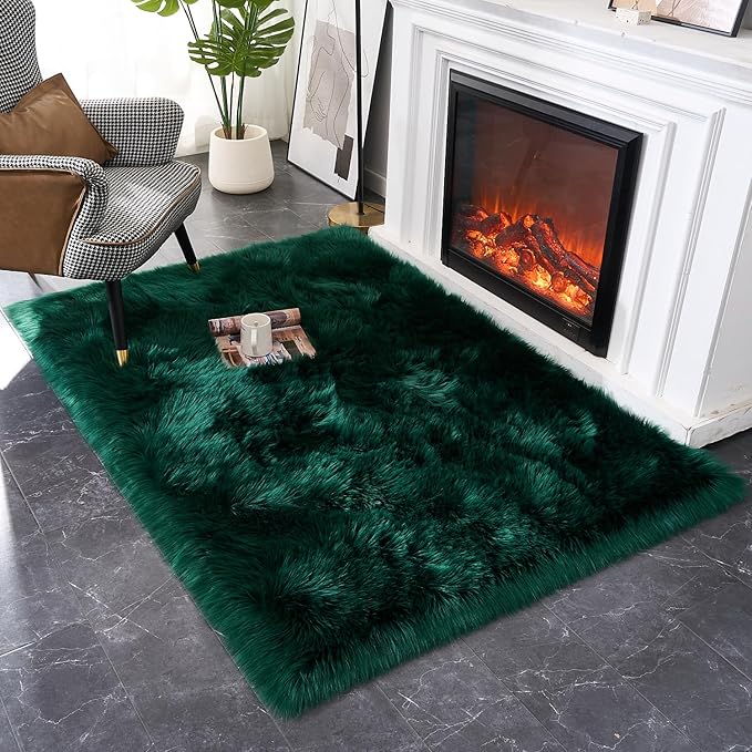 EasyJoy Ultra Soft Fluffy Shaggy Area Rug Faux Fur Rug Chair Cover Seat Pad Fuzzy Area Rug for Bedroom Floor Sofa Living Room (4 x 6 ft Rectangle, Dark Green)