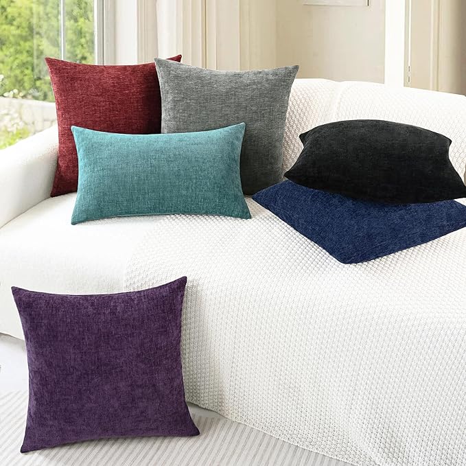 CaliTime Throw Pillow Covers Decorative 12 X 20 Inches Pack of 2 Cozy Chenille Cushion Cases for Couch Sofa Bed Living Room Home Plum Purple