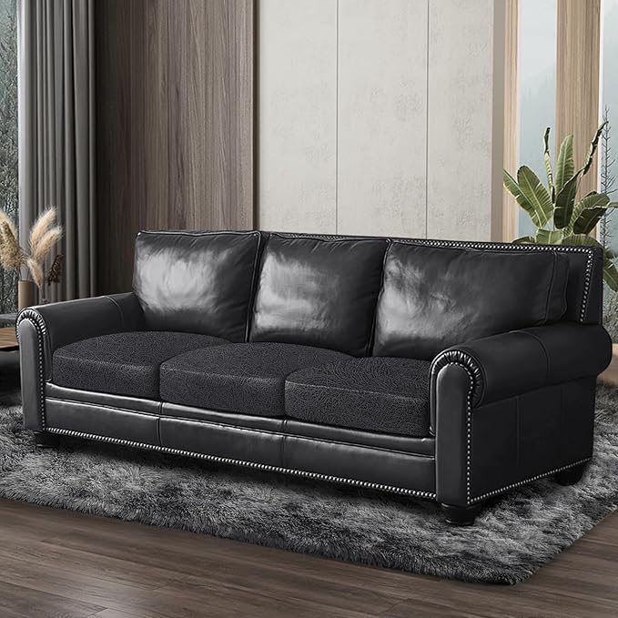 Leather Look Couch Cushion Covers Sofa Seat Slipcovers Sets Couches Furniture Protector for Sectional Armchair Loveseat Pets Kids Stretch Spandex Fabric (3 Cushion Sofa, Dark Grey)