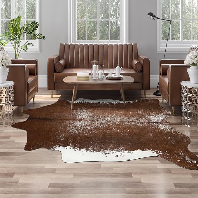 AROGAN 6×7.2 Feet Western Decor Faux Fur Cowhide Rug, Feet Premium Animal Skin Cow Hide Rug, Sturdy Cow Print Rugs for Wall Decor, Western Floor Carpet for Bedroom Living Room, Dark Brown