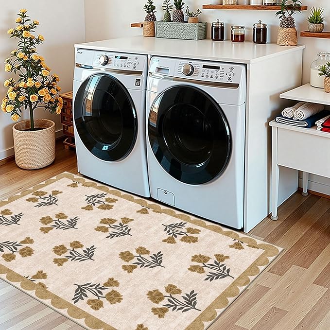3x5 Floral Entry Rug - Small Washable Indoor Outdoor Mats for Front Door Non-Slip Porch Rug Beige Vintage Farmhouse Throw Rugs for Living Room Bedroom Entryway Kitchen Office Porch Decor