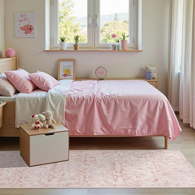 Area Rug Runner 3x7 Pink Ivory Floral Tufted Polyester