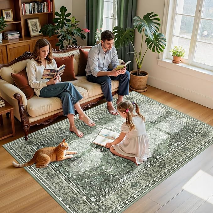 RELEANY Area Rugs 5'x7' Washable Non-Slip, Floral Vintage Distress Print Pattern Medallion Carpet for Living Room Bedroom Dining Room, Dark Green Gray