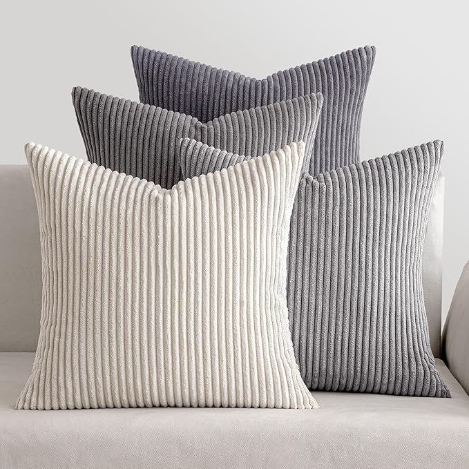 MIULEE Pack of 4 Neutral Grey Gradient Decorative Throw Pillow Covers 20x20 Inch Soft Boho Striped Corduroy Pillow Covers Modern Farmhouse Home Decor for Sofa Living Room Couch Bed