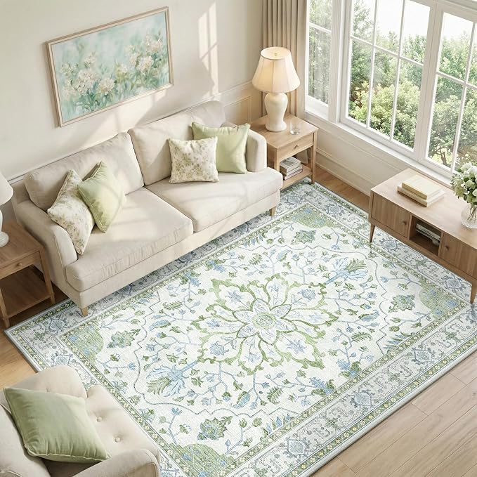 RELEANY Area Rugs 6'x9' Washable Non-Slip, Floral Vintage Distress Print Pattern Medallion Carpet for Living Room Bedroom Dining Room, Green White Blue