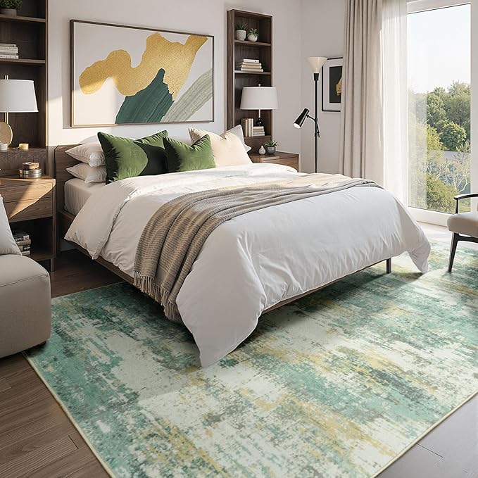 Rugflix 8x10 Area Rugs for Living Room, Washable Large Rug Stain-Resistant Low Pile, Modern Carpet for Dining Room Home Office Kid Room Nursery Bedroom, Light Green