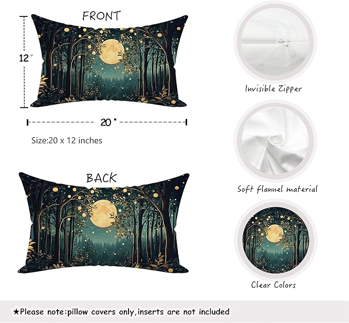 Rustic William Morris Inspired Night Moon Forest Decor Pillow Covers 18x18 Set of 2,Vintage Black and Gold Nature Landscape Botanical Decorative Throw Pillow Covers for Home Bedroom Living Room